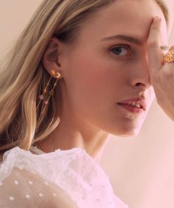 Smykker Izabel Camille | Isabella - Lange Oreringe, Mat Forgyldt Med Pink Calcedon Og Gron Peridot