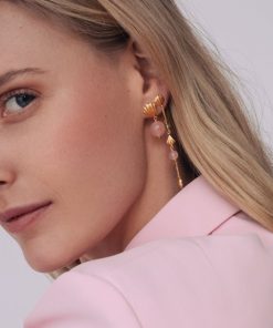 Smykker Izabel Camille | Isabella - Lange Oreringe, Mat Forgyldt Med Pink Calcedon Og Gron Peridot